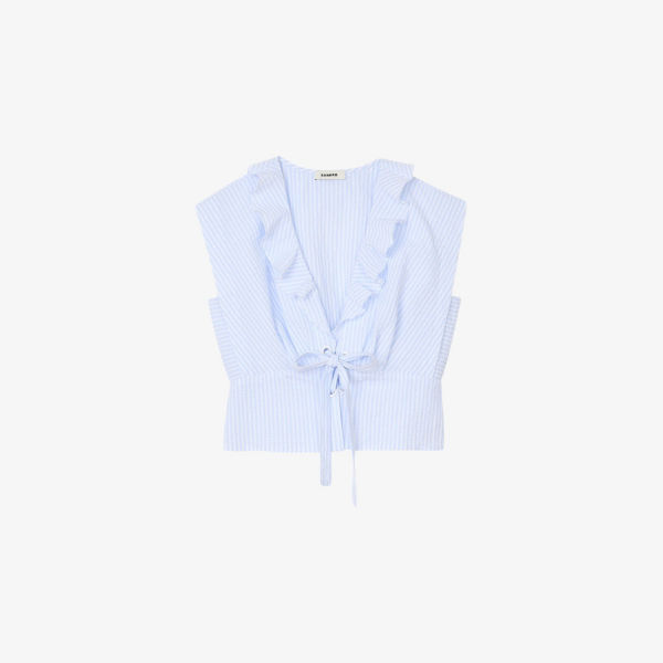 Топ Sandro из стрейч-хлопка полосатый с V-образным вырезом, синий
Топ Sandro из стрейч-хлопка полосатый с V-образным вырезом, синий