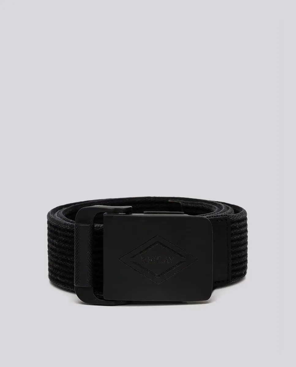 Мужской хлопковый ремень с декорированной пряжкой Replay, черный 
Мужской хлопковый ремень с декорированной пряжкой Replay, черный