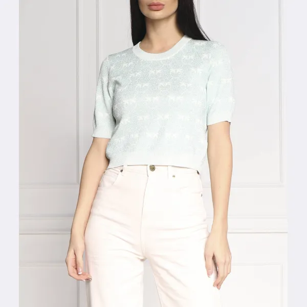 Укороченная блузка скромного кроя жаккардовой вязки с монограммой Pinko, зеленый
Укороченная блузка скромного кроя жаккардовой вязки с монограммой Pinko, зеленый