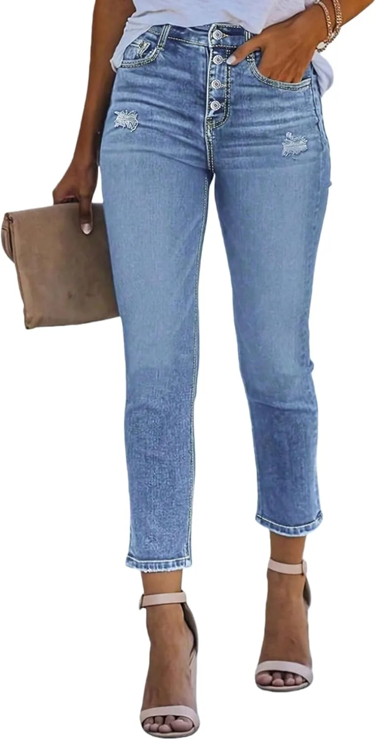 Женские джинсы с высокой талией и застежкой на пуговицах, потертые, светлой мойки, укороченные, с эффектом контроля живота TimeGofate
Женские джинсы с высокой талией и застежкой на пуговицах, потертые, светлой мойки, укороченные, с эффектом контроля живота TimeGofate