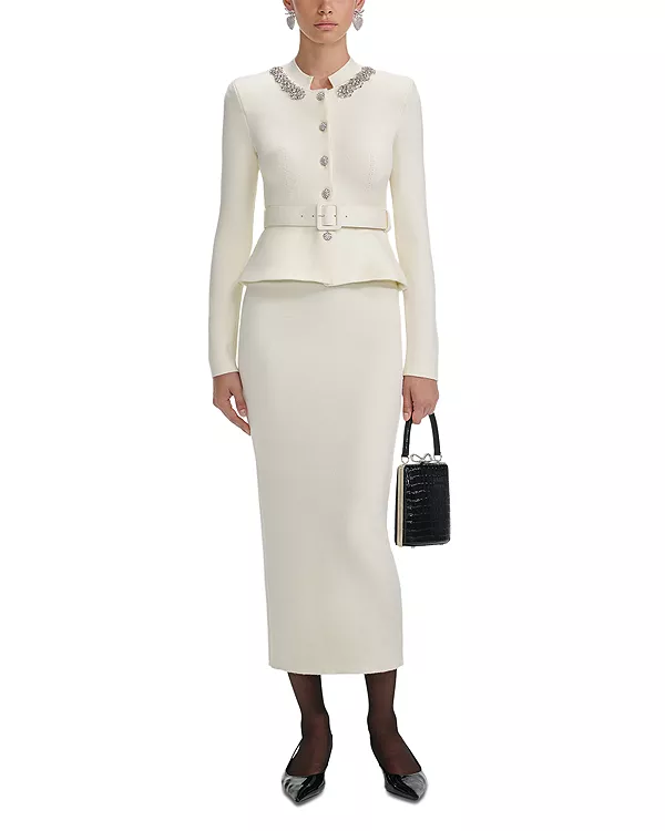 Вязаное платье-миди из шерсти с баской Self-Portrait, белый
Вязаное платье-миди из шерсти с баской Self-Portrait, белый