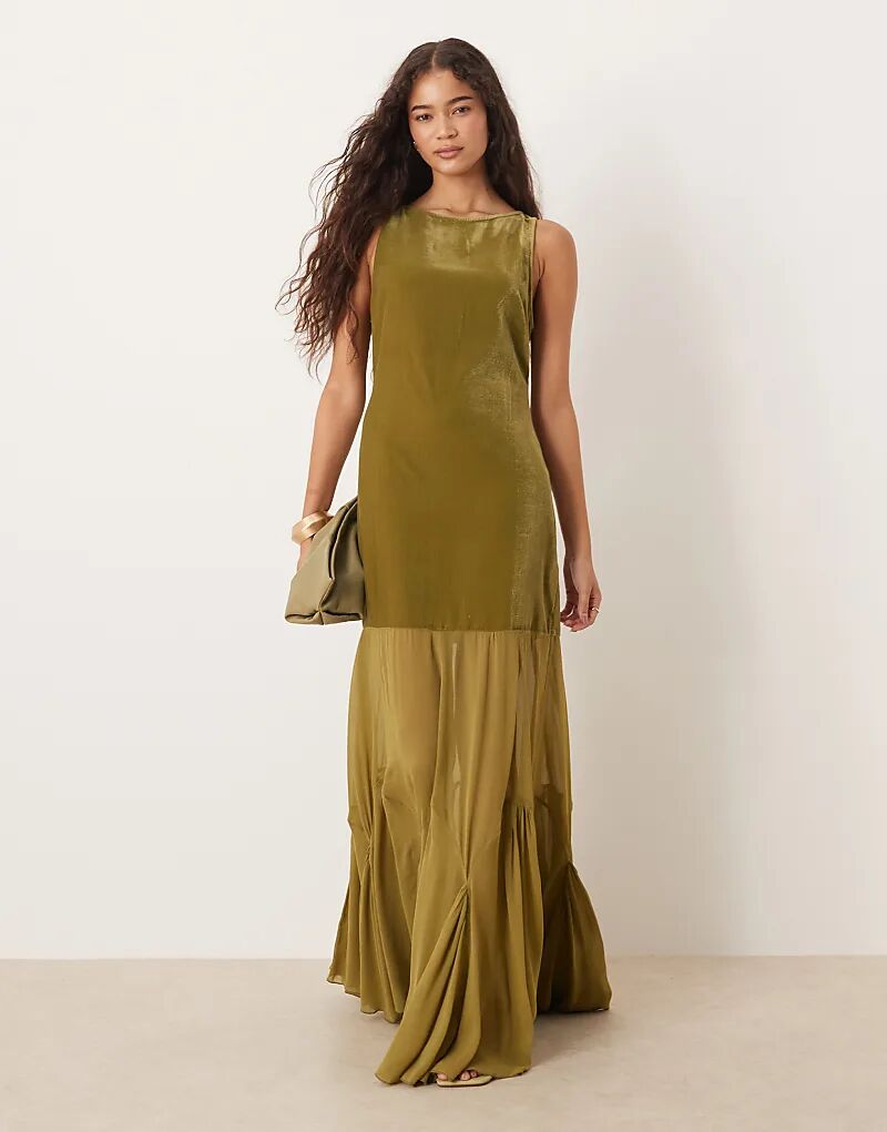 Бархатное платье макси ASOS DESIGN с заниженной талией и прозрачной юбкой-годе оливкового цвета
Бархатное платье макси ASOS DESIGN с заниженной талией и прозрачной юбкой-годе оливкового цвета