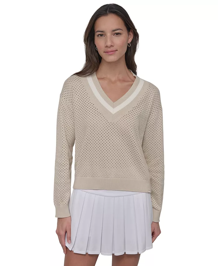 Женский вязаный полосатый топ с V-образным вырезом и ажурной сеткой DKNY, зеленый
Женский вязаный полосатый топ с V-образным вырезом и ажурной сеткой DKNY, зеленый