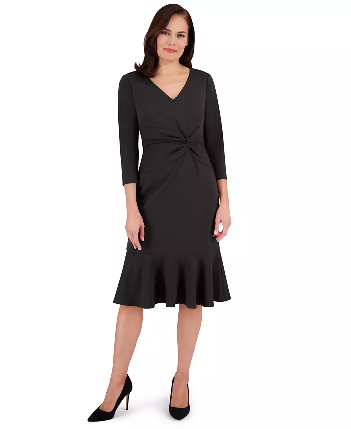 Миниатюрное платье-миди с боковыми вставками и рукавами 3/4 London Times, черный 
Миниатюрное платье-миди с боковыми вставками и рукавами 3/4 London Times, черный