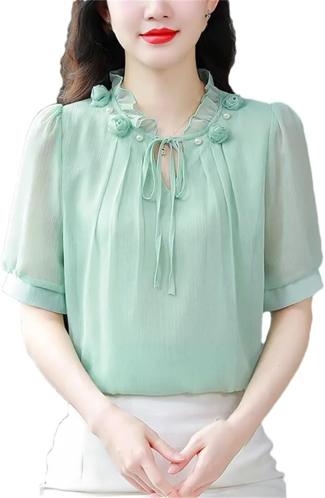 Женская блузка из шифона с лепестковым воротником и бантом
Женская блузка из шифона с лепестковым воротником и бантом