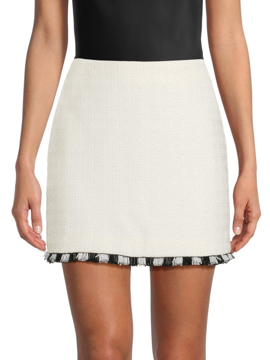 Мини-юбка из твида с бахромой и бисером Milly, экрю 
Мини-юбка из твида с бахромой и бисером Milly, экрю
