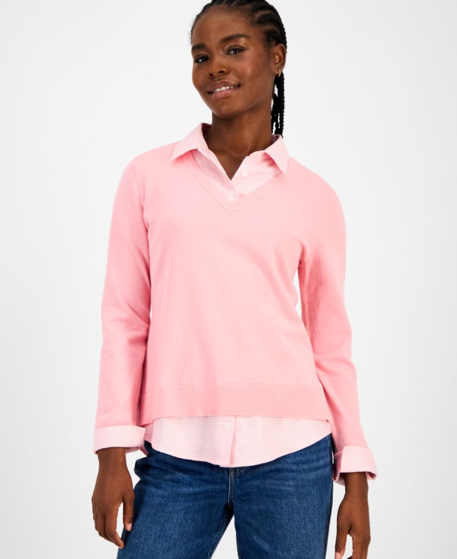 Женский хлопковый свитер с V-образным вырезом и длинными рукавами, состоящий из двух частей Tommy Hilfiger, Pink/White
Женский хлопковый свитер с V-образным вырезом и длинными рукавами, состоящий из двух частей Tommy Hilfiger, Pink/White