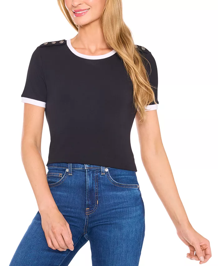 Женская футболка с пуговицами на плечах и контрастной отделкой CeCe, черный
Женская футболка с пуговицами на плечах и контрастной отделкой CeCe, черный