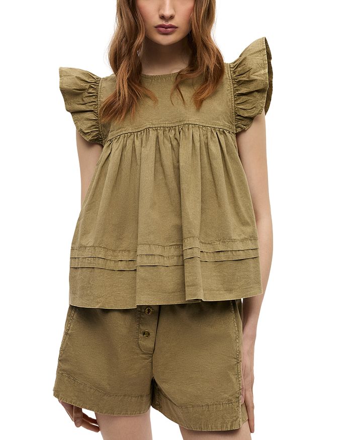 Топ из хлопка с оборками на рукавах GANNI, зеленый
Топ из хлопка с оборками на рукавах GANNI, зеленый