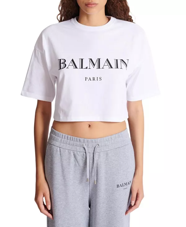 Укороченная футболка свободного кроя с принтом Balmain. Balmain, белый
Укороченная футболка свободного кроя с принтом Balmain. Balmain, белый