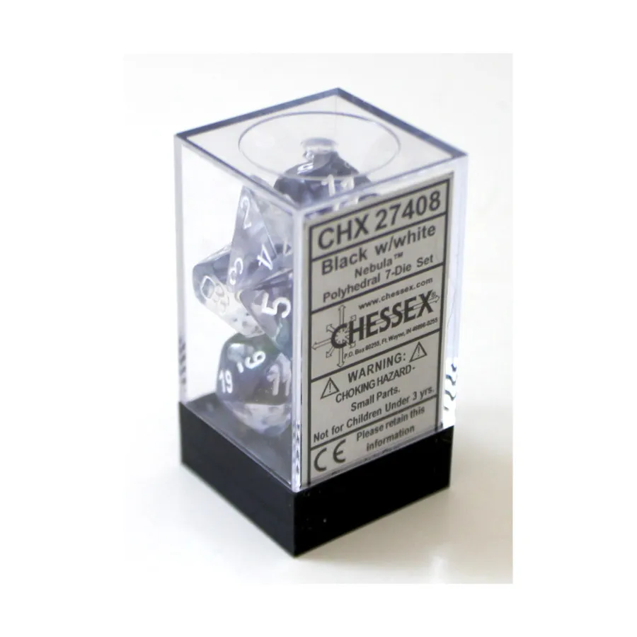 Полиэфирный комплект Черный с белым (7), Dice - Nebula (Chessex)
Полиэфирный комплект Черный с белым (7), Dice - Nebula (Chessex)