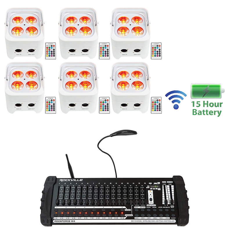 6) Rockville BEST PAR 50 Battery Wash Lights Беспроводной DMX + 384-канальный контроллер (6) BEST PAR 50 WHITE+ROCKFORCE W4