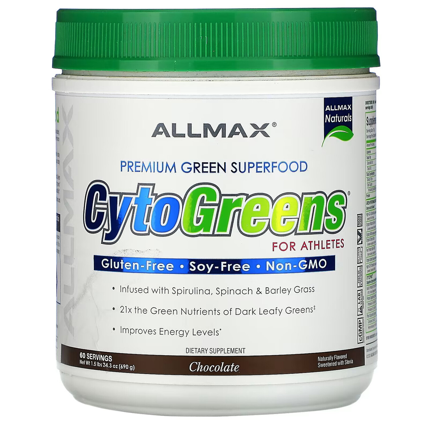 ALLMAX, CytoGreens, зеленый суперфуд премиального качества для спортсменов, шоколад, 690 г (1,5 фунта)
ALLMAX, CytoGreens, зеленый суперфуд премиального качества для спортсменов, шоколад, 690 г (1,5 фунта)