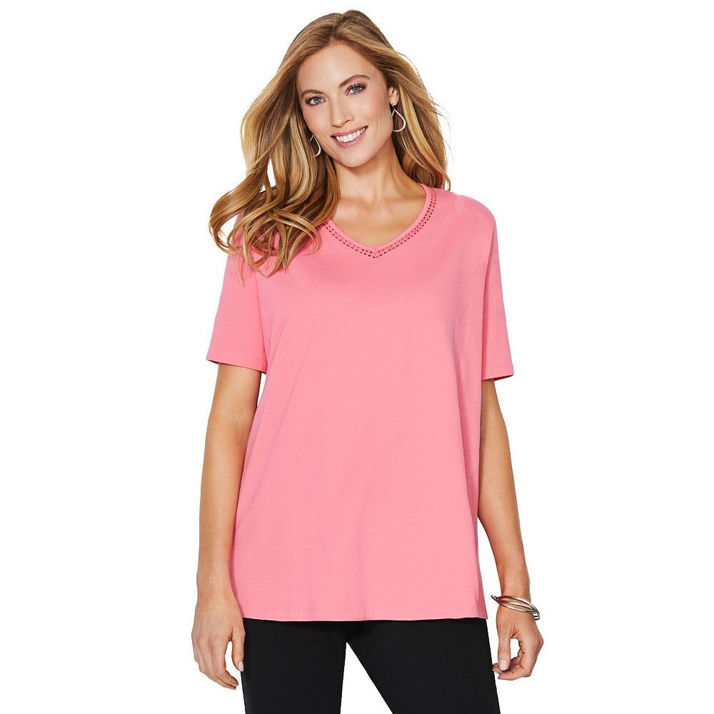 Женская футболка Suprema с v-образным вырезом и v-образным вырезом, связанная крючком, Katerinas Suprema больших размеров Catherines, цвет Pink Tropic 
Женская футболка Suprema с v-образным вырезом и v-образным вырезом, связанная крючком, Katerinas Suprema больших размеров Catherines, цвет Pink Tropic