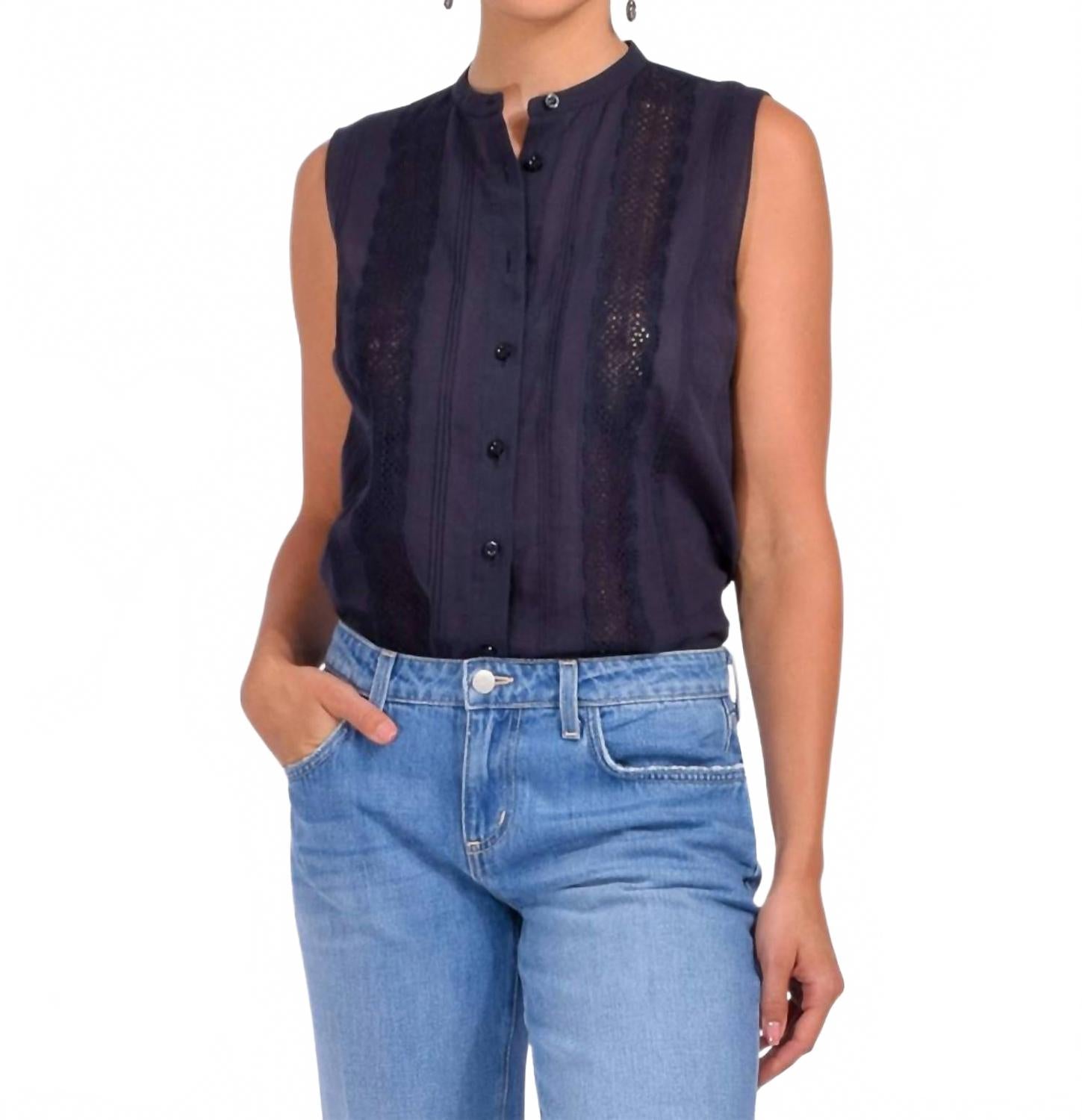 Синяя блузка без рукавов с кружевной отделкой FRAME
Синяя блузка без рукавов с кружевной отделкой FRAME