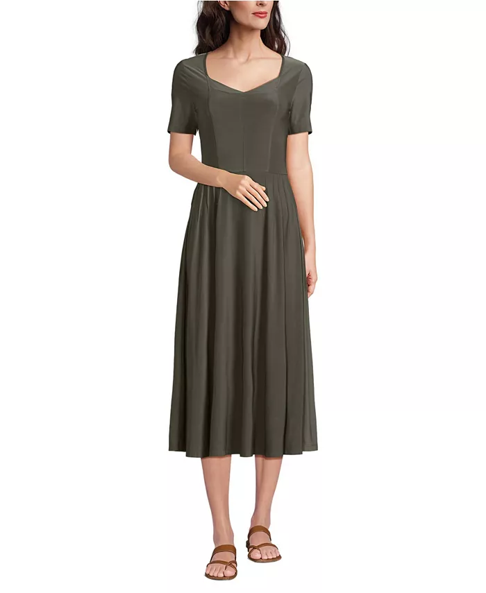 Женское шелковистое трикотажное платье миди в форме сердца Lands' End, зеленый 
Женское шелковистое трикотажное платье миди в форме сердца Lands' End, зеленый