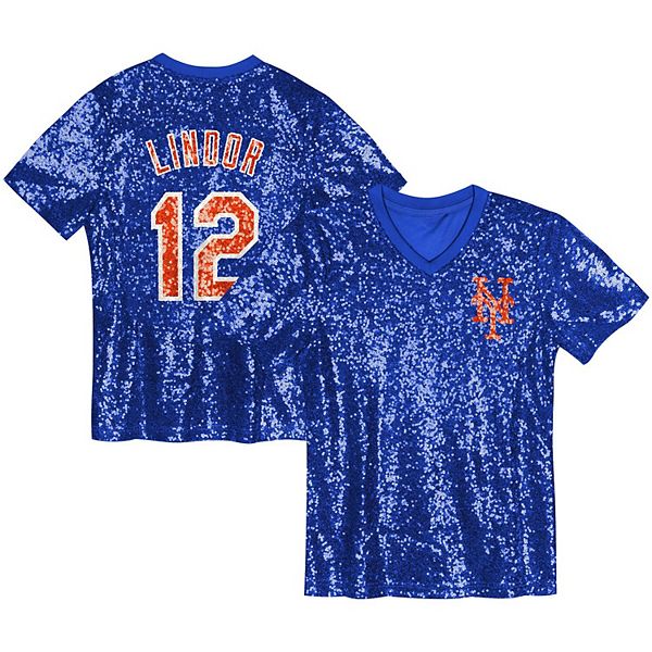 Топ с V-образным вырезом и пайетками с именем и номером Francisco Lindor, New York Mets, цвет royal Outerstuff
Топ с V-образным вырезом и пайетками с именем и номером Francisco Lindor, New York Mets, цвет royal Outerstuff