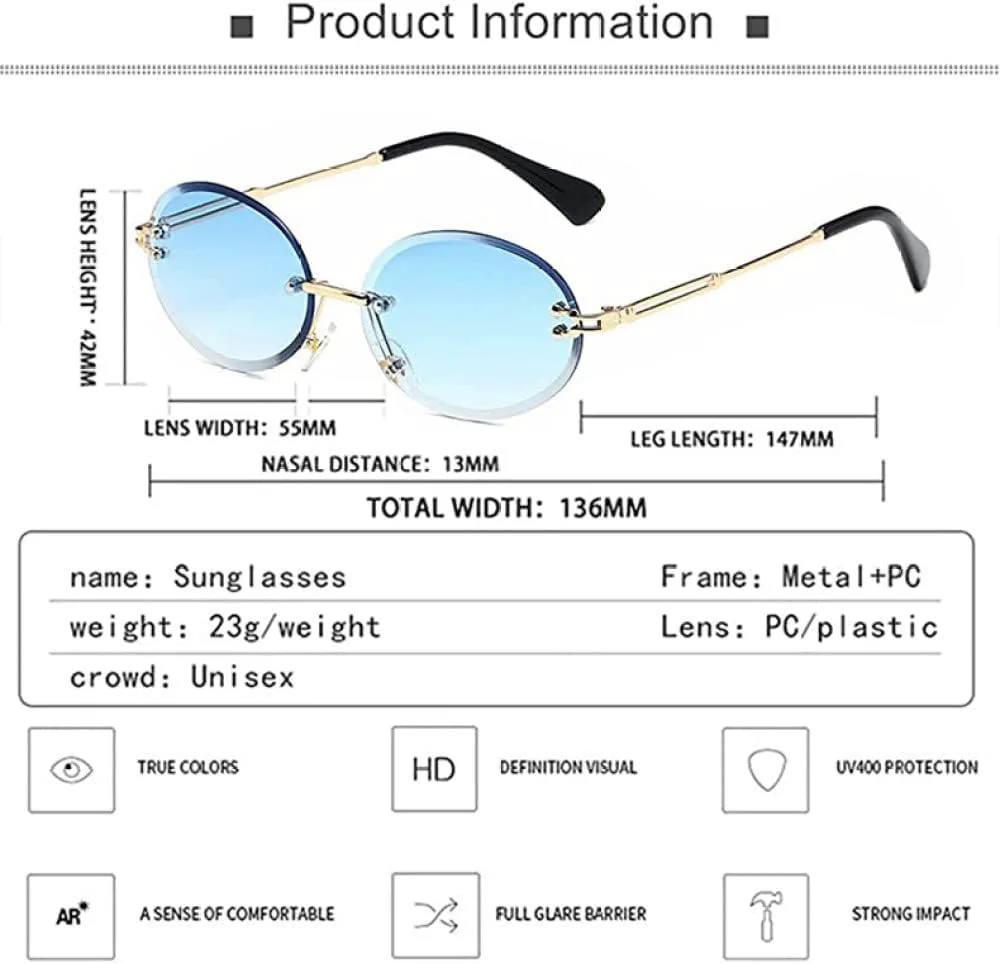 Ретро-очки овальной формы для женщин и мужчин, модные винтажные, золотистые, без оправы, тонированные линзы, защита от УФ-излучения UV400 generic, Gold Gray Pink
Ретро-очки овальной формы для женщин и мужчин, модные винтажные, золотистые, без оправы, тонированные линзы, защита от УФ-излучения UV400 generic, Gold Gray Pink