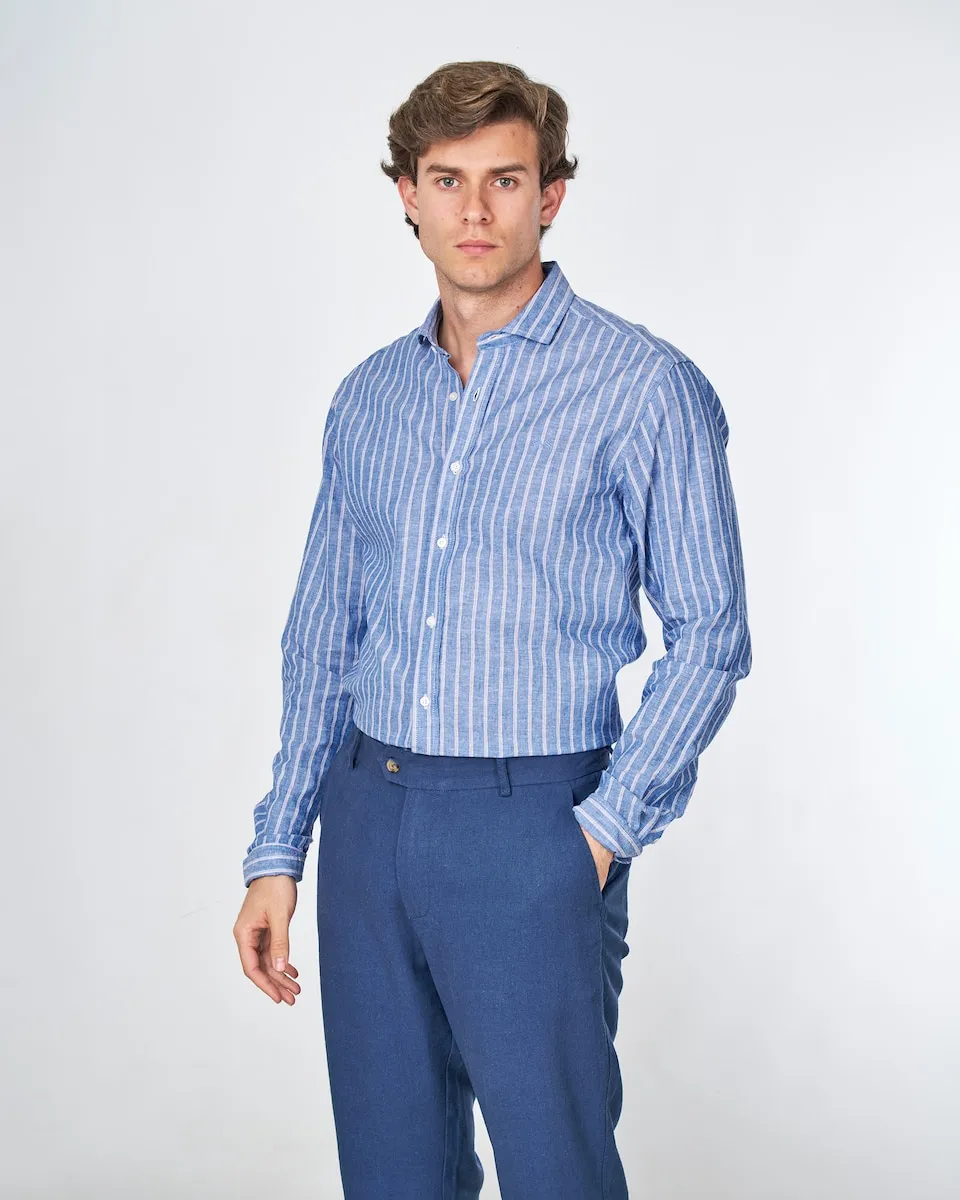 Мужская рубашка из льна классического кроя с широкими полосками Spagnolo, синий
Мужская рубашка из льна классического кроя с широкими полосками Spagnolo, синий