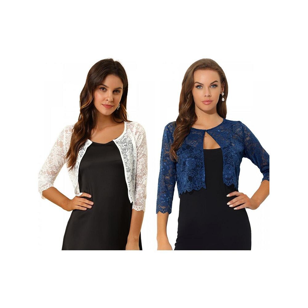 Комплект из 2 женских элегантных прозрачных кружевных топов с цветочным принтом, укороченных кардиганов-болеро ALLEGRA K, цвет White Navy Blue 
Комплект из 2 женских элегантных прозрачных кружевных топов с цветочным принтом, укороченных кардиганов-болеро ALLEGRA K, цвет White Navy Blue