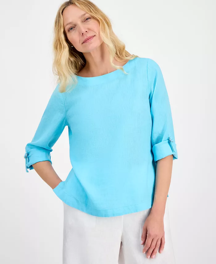 Женская блузка с D-образными кольцами из 100% льна Charter Club, синий 
Женская блузка с D-образными кольцами из 100% льна Charter Club, синий