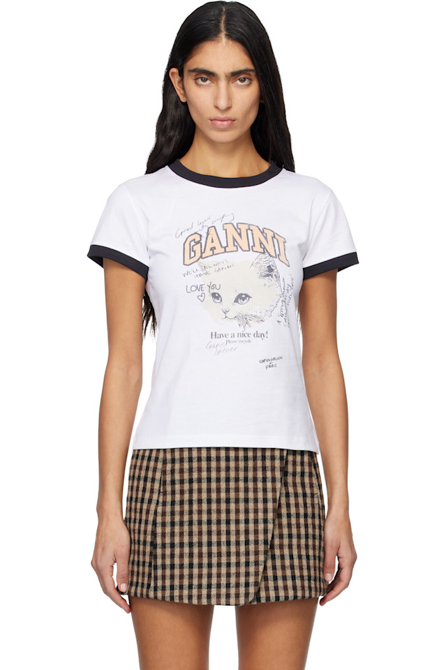 Ganni Белая укороченная футболка с котенком
Ganni Белая укороченная футболка с котенком