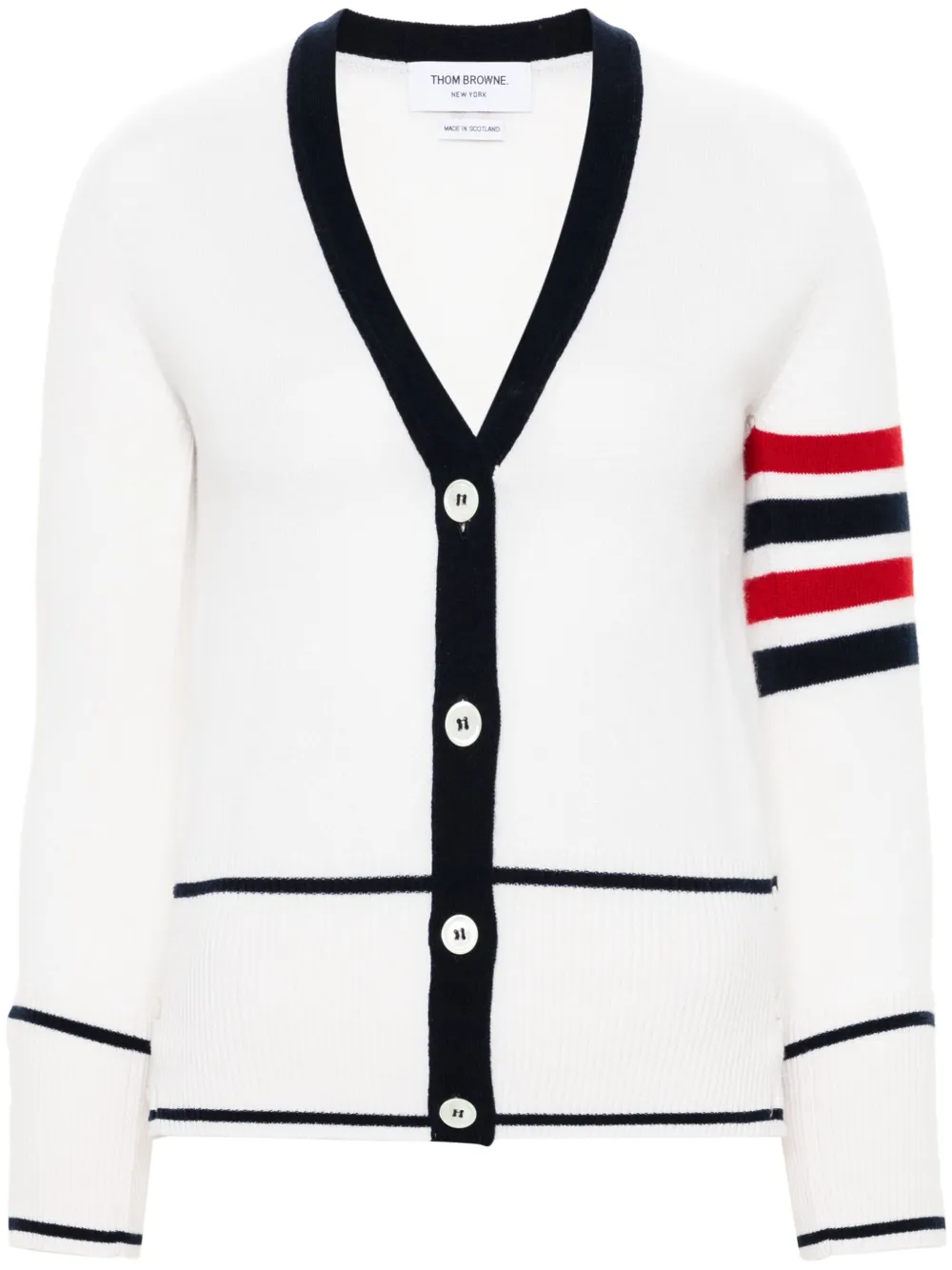 Кашемировый кардиган с полосками 4-Bar THOM BROWNE, белый
Кашемировый кардиган с полосками 4-Bar THOM BROWNE, белый