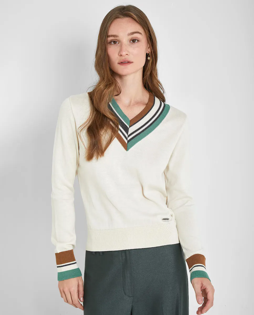 Женский джемпер с контрастной отделкой воротника и манжет с V-образным вырезом Trucco, бежевый
Женский джемпер с контрастной отделкой воротника и манжет с V-образным вырезом Trucco, бежевый