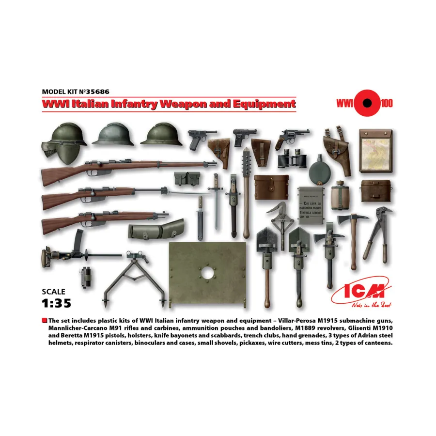 Итальянское пехотное оружие и снаряжение Первой мировой войны, Military Models 1/35 Scale (ICM)
Итальянское пехотное оружие и снаряжение Первой мировой войны, Military Models 1/35 Scale (ICM)