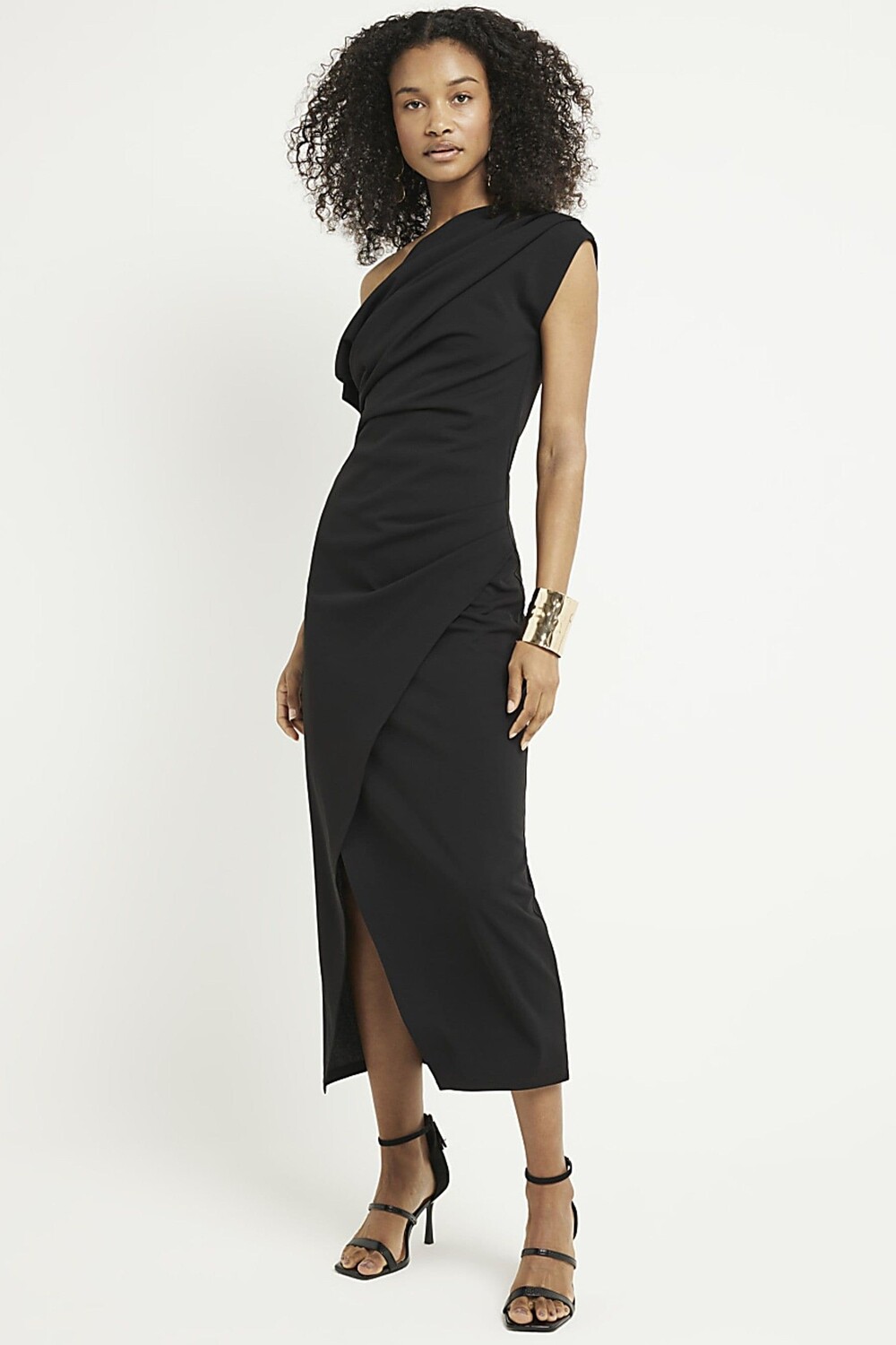 Платье миди с асимметричным запахом и драпировкой River Island, черный 
Платье миди с асимметричным запахом и драпировкой River Island, черный