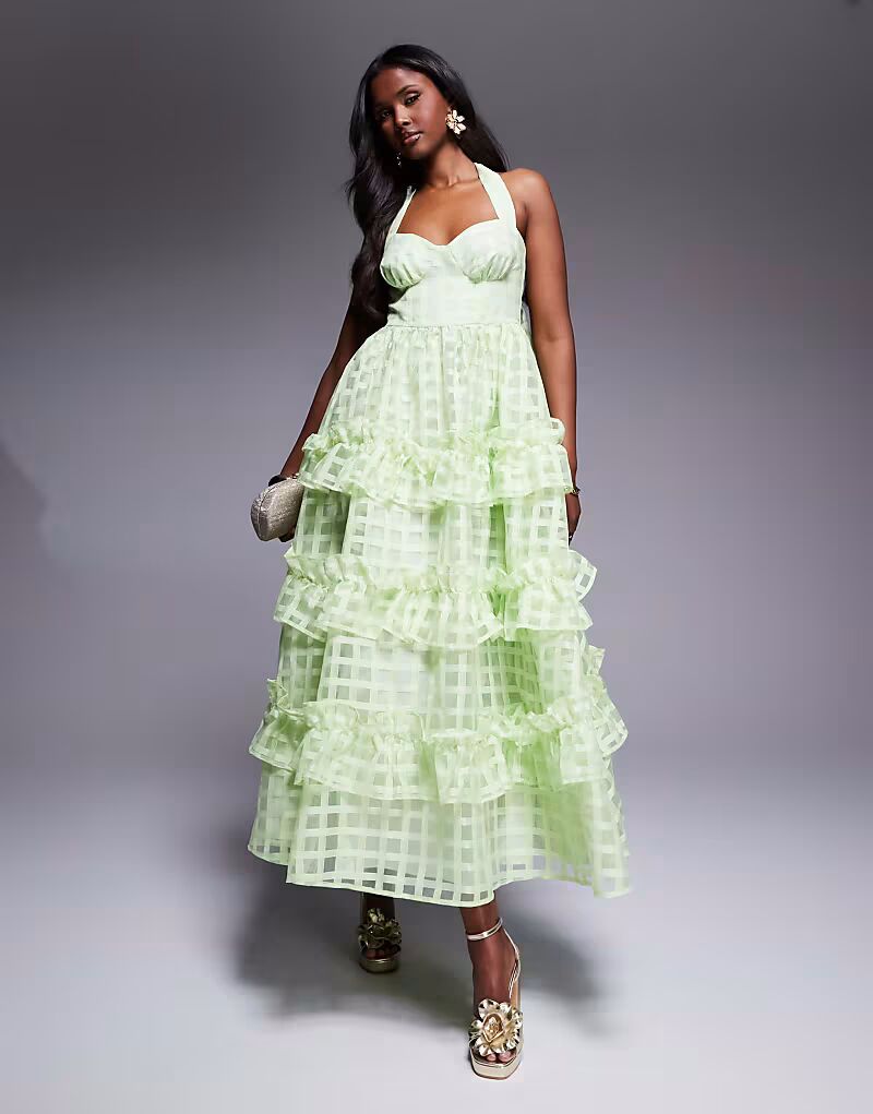 Платье макси ASOS LUXE из фактурной органзы в клетку с бретелью через шею ярко-зеленого цвета