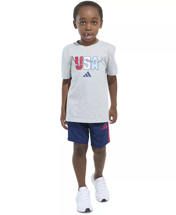 Детский комплект для мальчиков: футболка с принтом и шорты в полоску, 2 предмета adidas, мультиколор
Детский комплект для мальчиков: футболка с принтом и шорты в полоску, 2 предмета adidas, мультиколор