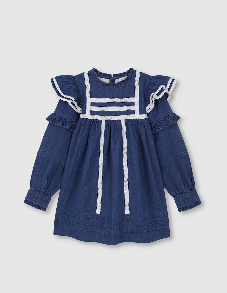 Джинсовое платье для девочки с воланами на плечах светло-голубого цвета Gocco
Джинсовое платье для девочки с воланами на плечах светло-голубого цвета Gocco