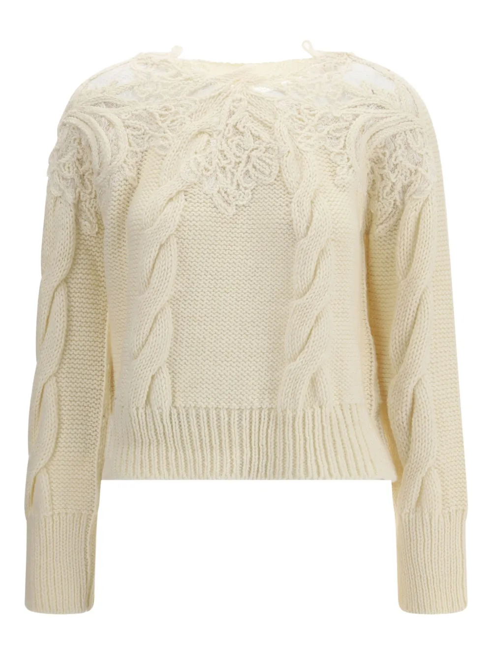 Свитер косовой вязки с кружевными вставками Ermanno Scervino, нейтральный 
Свитер косовой вязки с кружевными вставками Ermanno Scervino, нейтральный