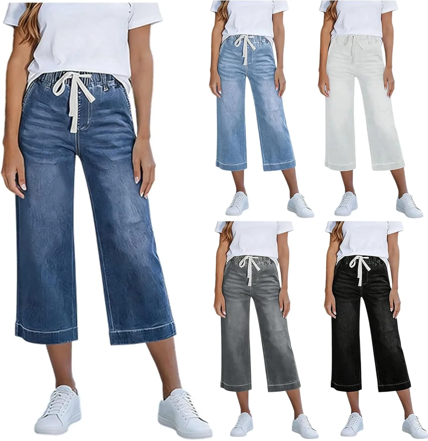 Женские джинсы капри с завязками и эластичным поясом
Женские джинсы капри с завязками и эластичным поясом