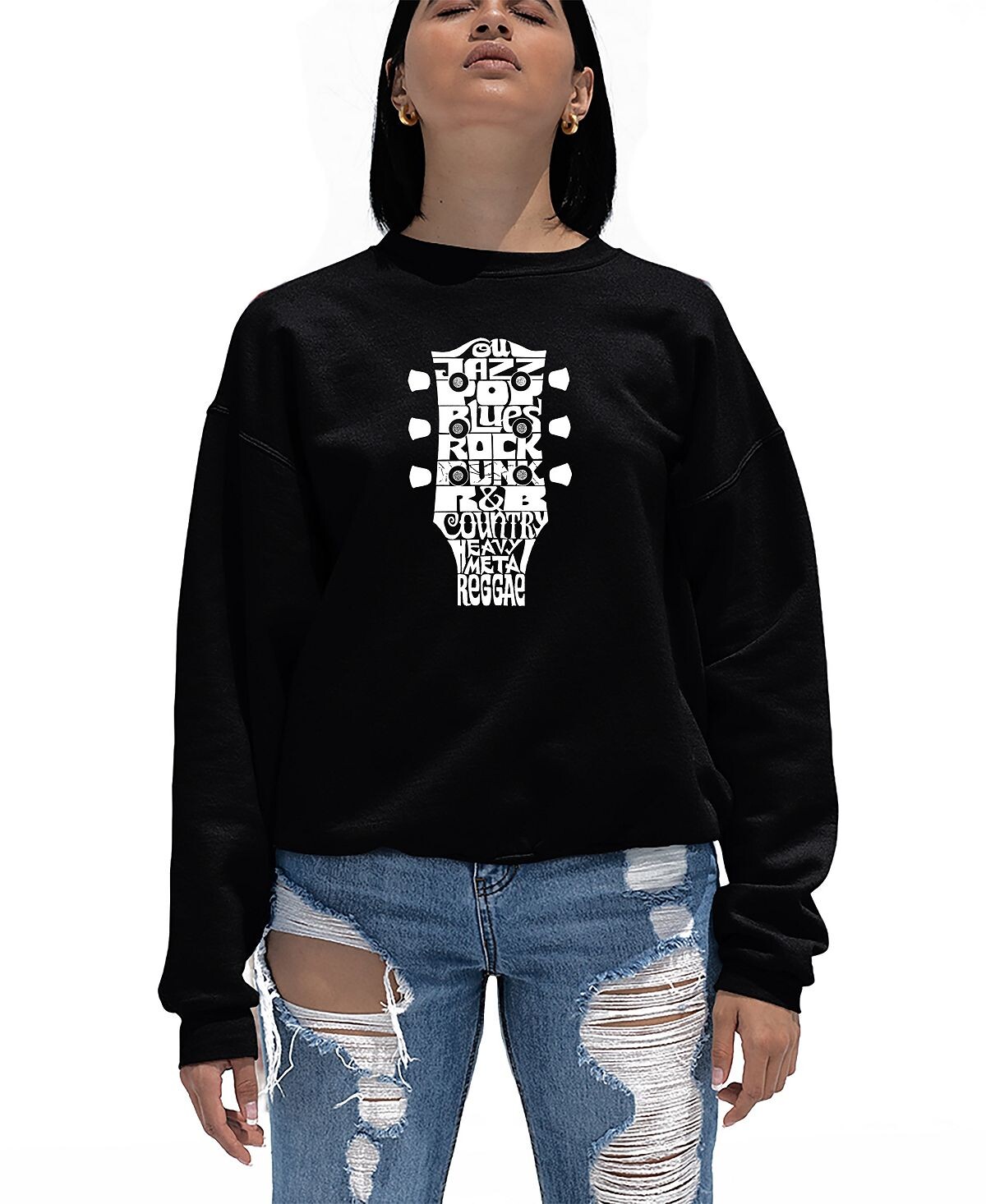Женская футболка с круглым вырезом word art guitar head music genres sweatshirt top LA Pop Art, черный
Женская футболка с круглым вырезом word art guitar head music genres sweatshirt top LA Pop Art, черный
