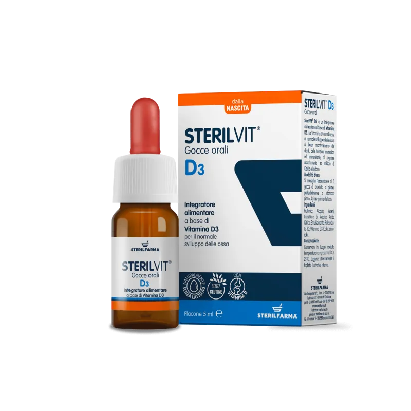 Sterilvit D3, капли для перорального применения, добавка витамина D, 5 мл, без глютена Sterilfarma
Sterilvit D3, капли для перорального применения, добавка витамина D, 5 мл, без глютена Sterilfarma