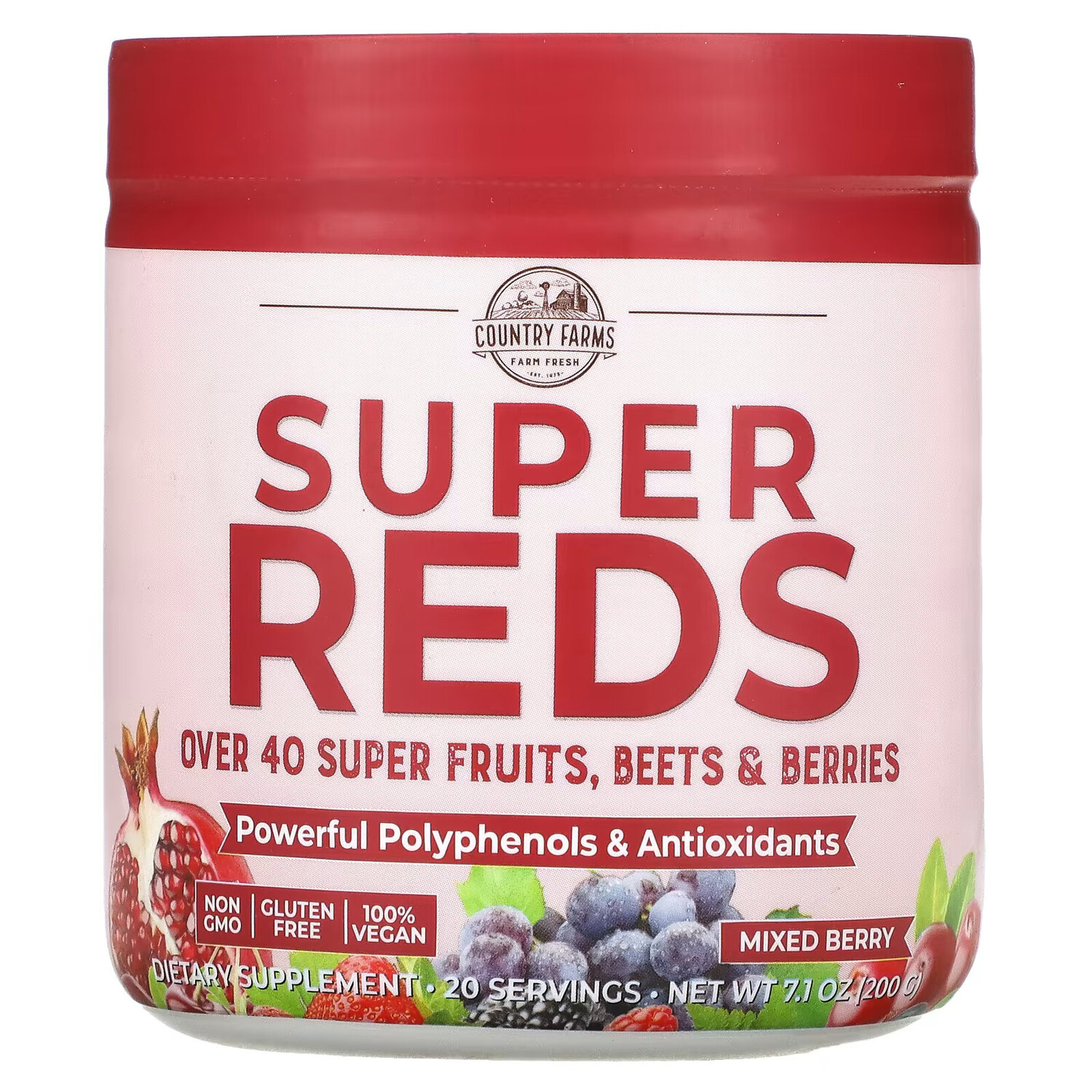 Country Farms, Super Reds, смесь фруктов, корнеплодов и ягод, со вкусом ягодного ассорти, 200 г (7,1 унции)
Country Farms, Super Reds, смесь фруктов, корнеплодов и ягод, со вкусом ягодного ассорти, 200 г (7,1 унции)