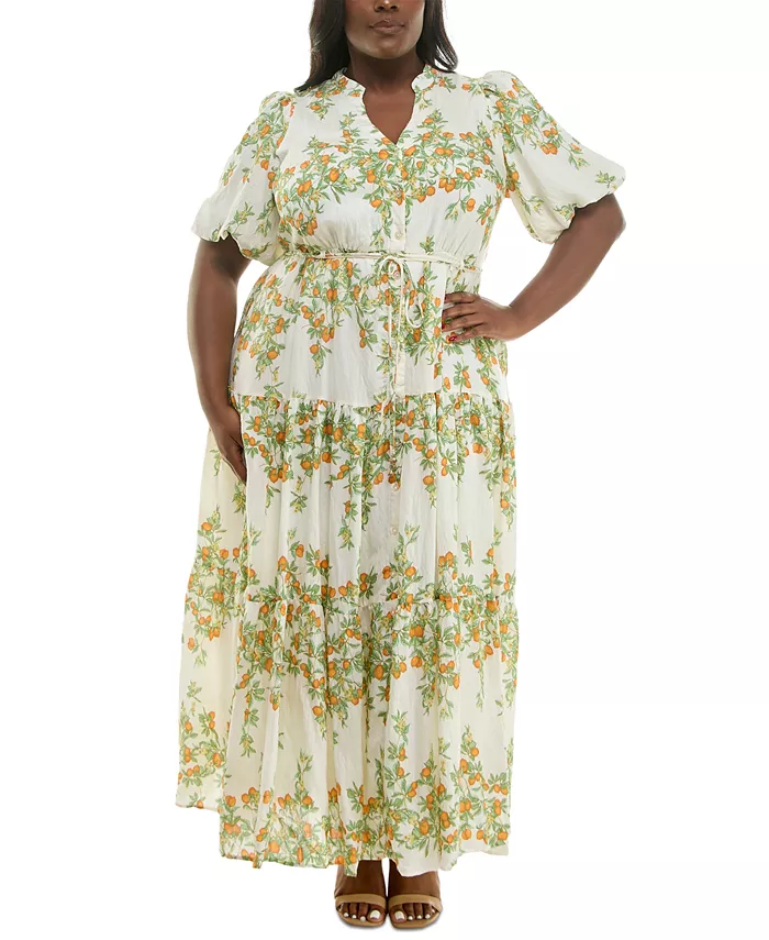 Платье макси размера плюс с цветочным принтом, разрезом на горловине и рукавами-буфами Taylor, мультиколор