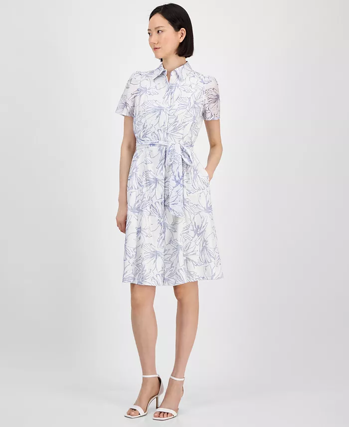 Женское платье-рубашка с короткими рукавами и завязкой на талии Anne Klein, мультиколор 
Женское платье-рубашка с короткими рукавами и завязкой на талии Anne Klein, мультиколор