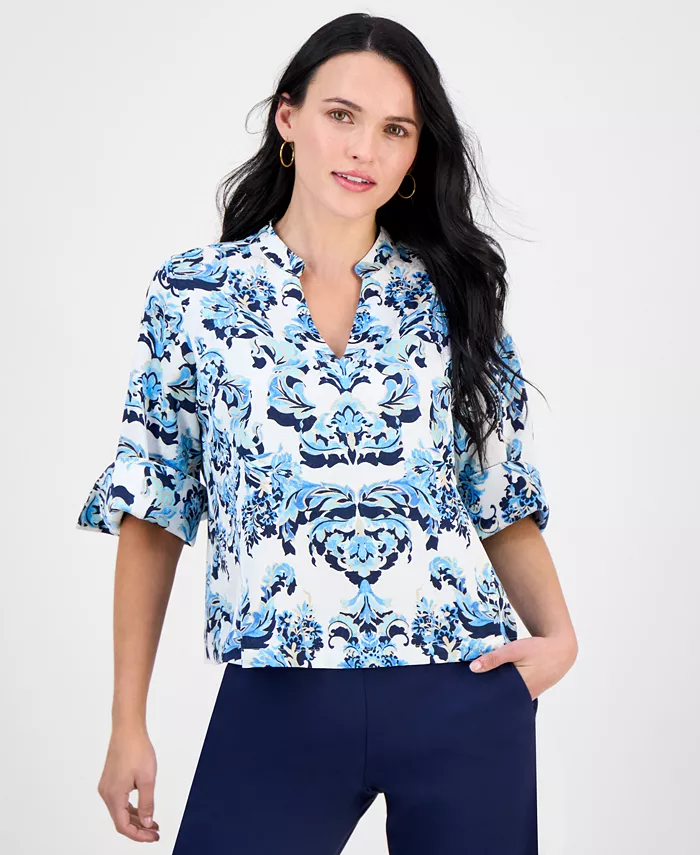 Топ с цветочным принтом, разрезом на горловине и манжетами на рукавах, Petite JM Collection, синий
Топ с цветочным принтом, разрезом на горловине и манжетами на рукавах, Petite JM Collection, синий