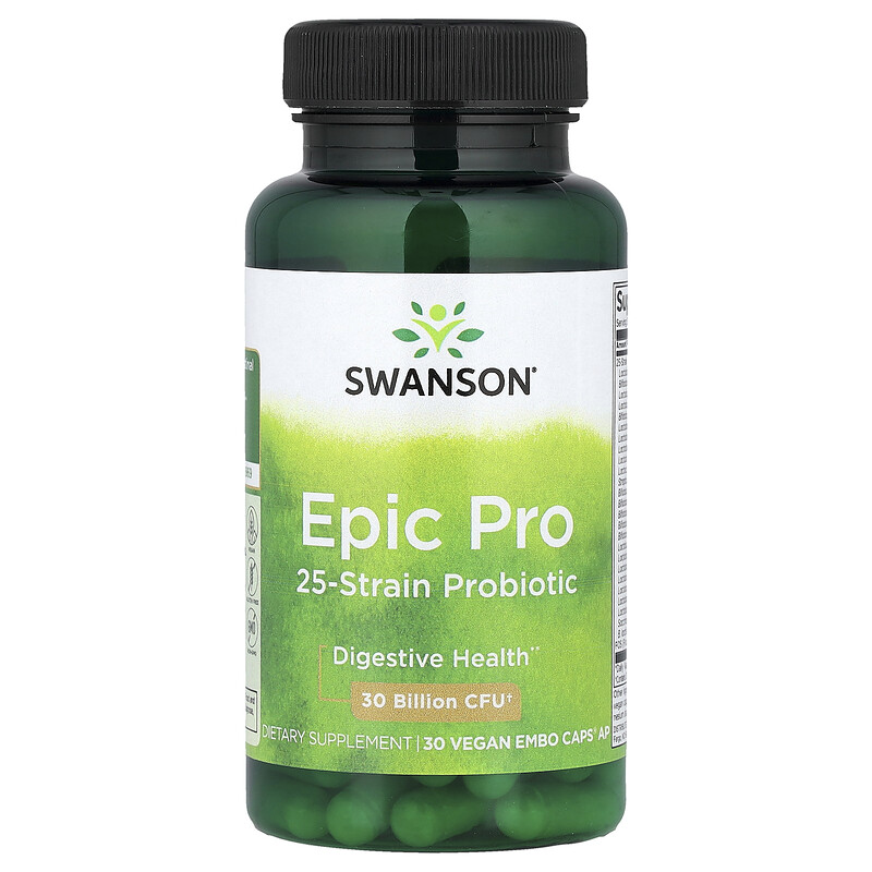 Swanson, Epic Pro, пробиотик из 25 штаммов, 30 млрд КОЕ, 30 растительных капсул для эмбо 
Swanson, Epic Pro, пробиотик из 25 штаммов, 30 млрд КОЕ, 30 растительных капсул для эмбо