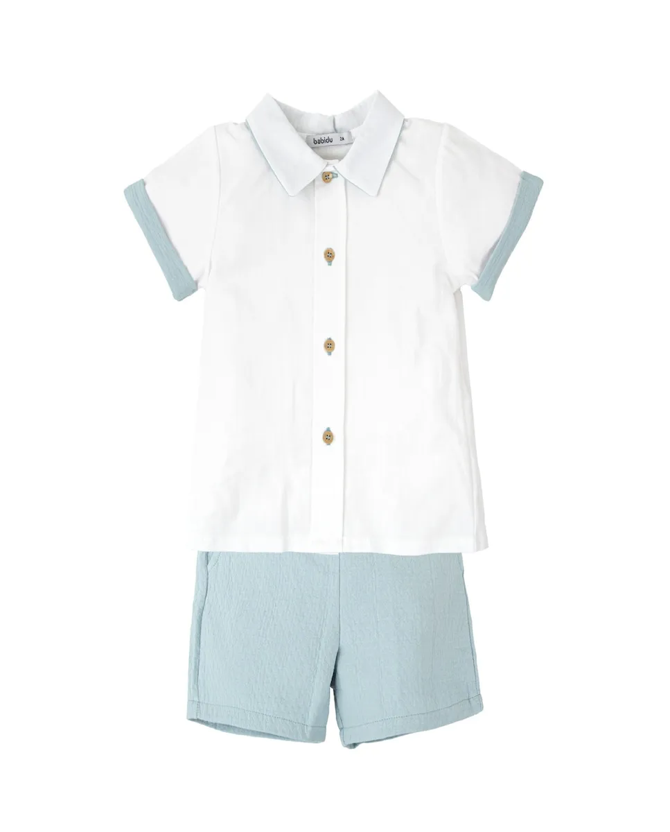 Детский комплект из короткой рубашки и шорт Babidú, белый/синий
Детский комплект из короткой рубашки и шорт Babidú, белый/синий
