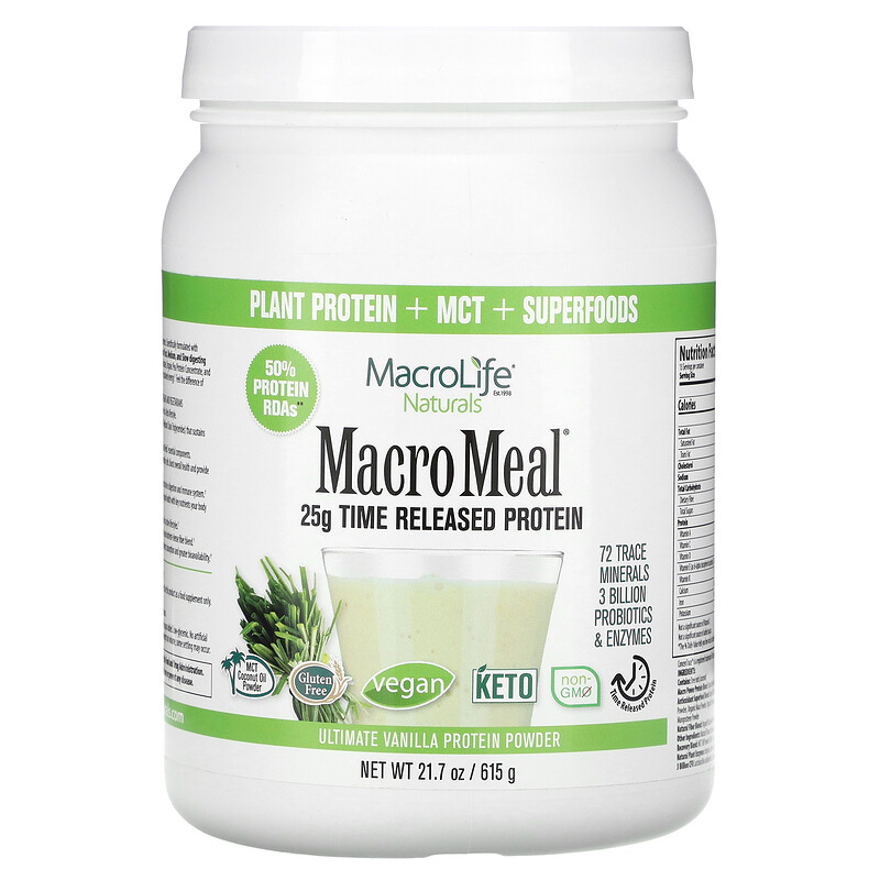 Macrolife Naturals, MacroMeal, протеиновый порошок высшего качества, ваниль, 615 г (21,7 унции) 
Macrolife Naturals, MacroMeal, протеиновый порошок высшего качества, ваниль, 615 г (21,7 унции)