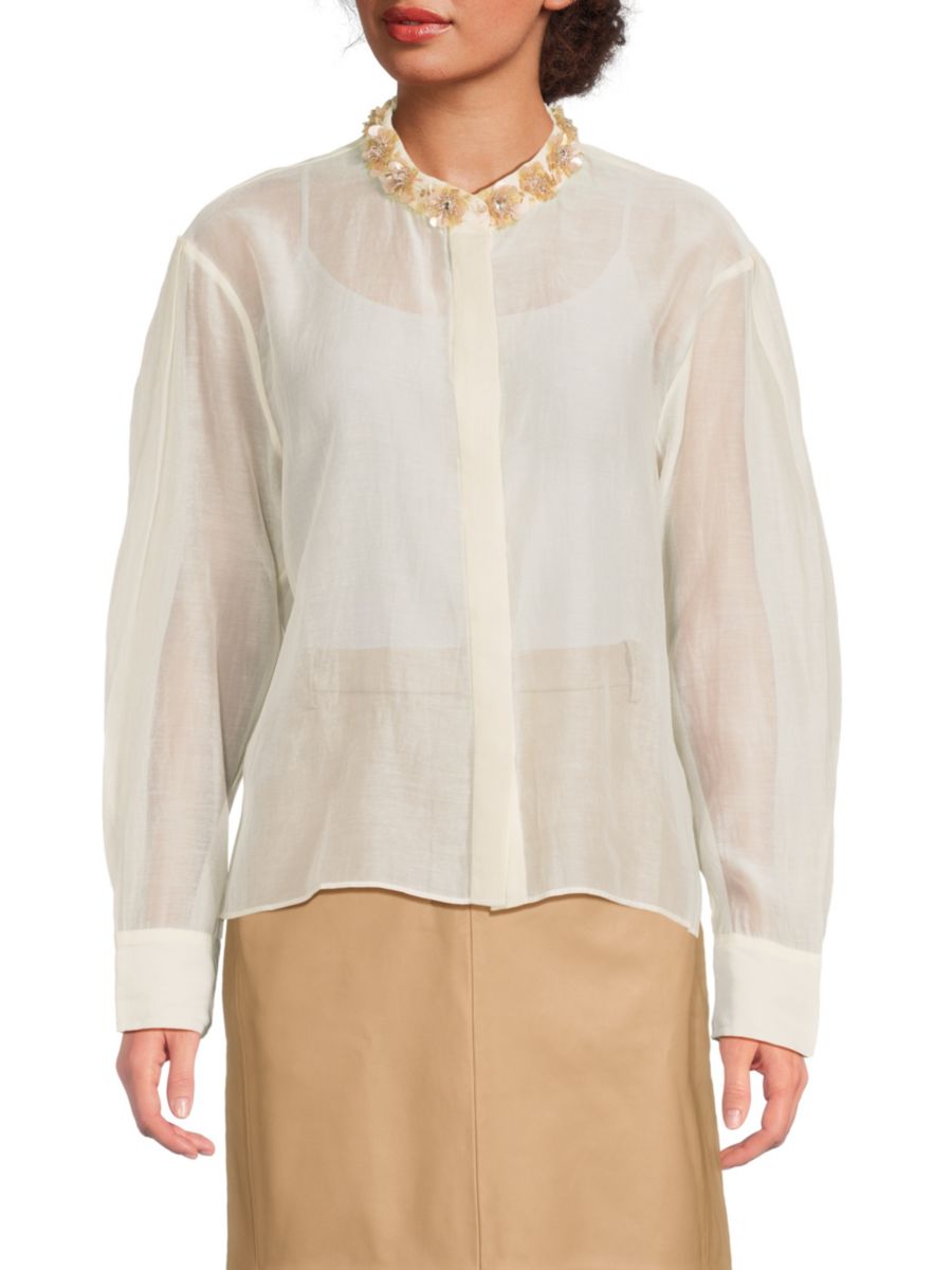 Рубашка из хлопка и шелка с прозрачным декорированным воротником Tanya Taylor, цвет French Cream
Рубашка из хлопка и шелка с прозрачным декорированным воротником Tanya Taylor, цвет French Cream