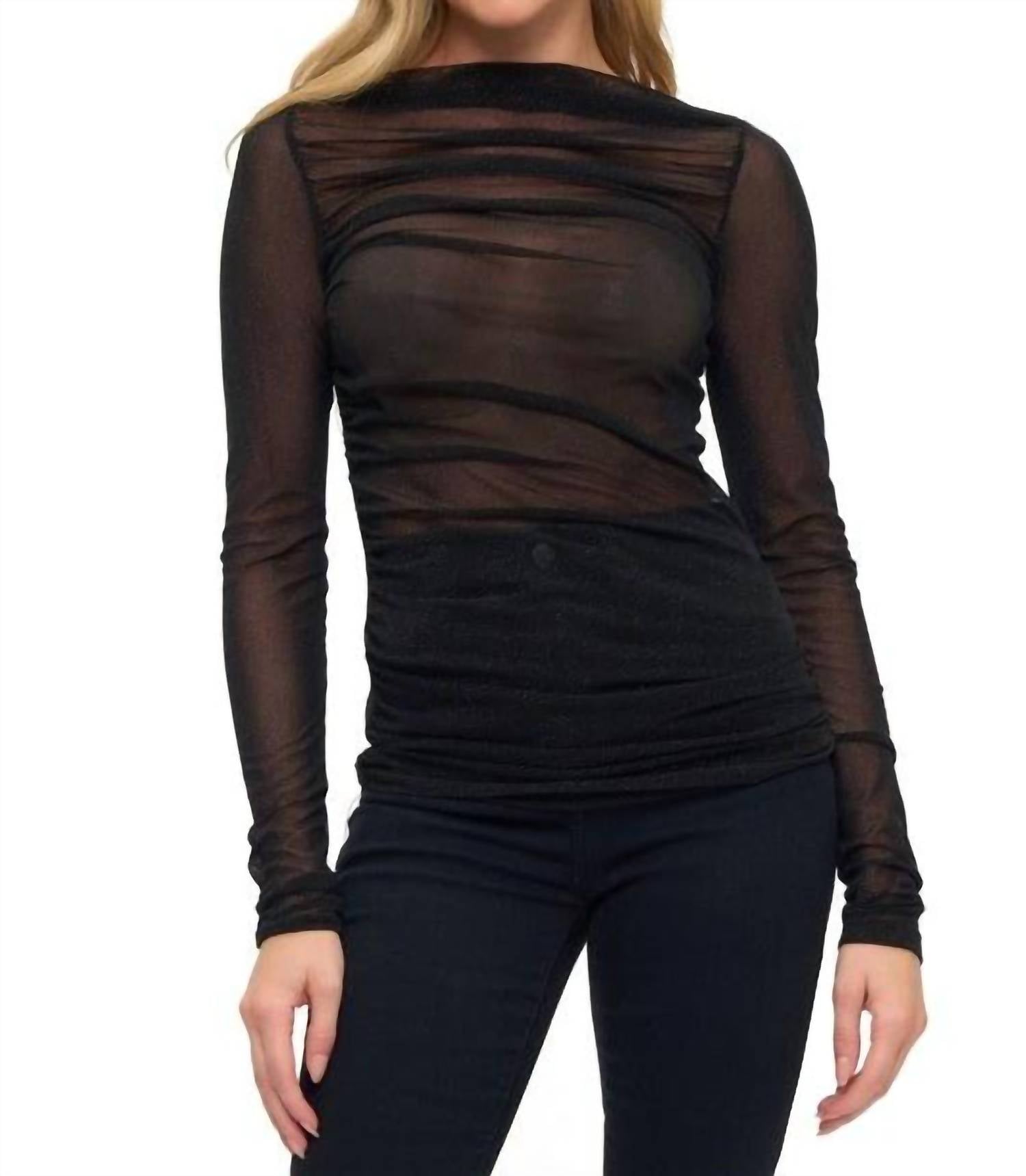 Ariella Блестящий сетчатый топ с драпировкой, черный
Ariella Блестящий сетчатый топ с драпировкой, черный