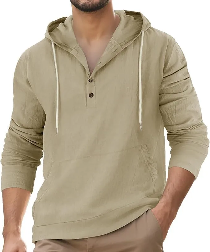 Мужская хлопковая льняная толстовка с капюшоном на пуговицах
Мужская хлопковая льняная толстовка с капюшоном на пуговицах