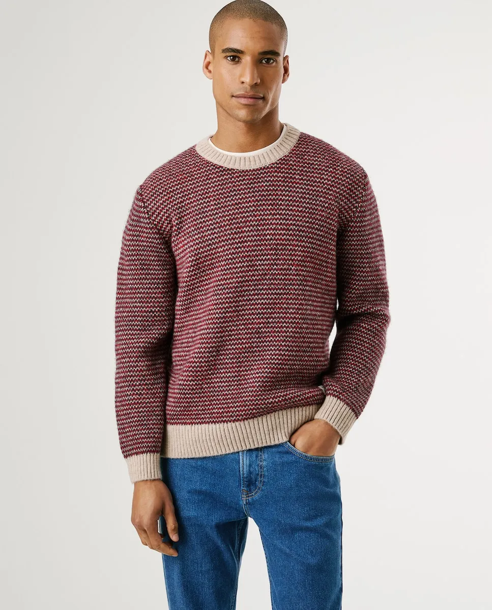 Мужской свитер с круглым вырезом и разноцветными полосками Pepe Jeans, красный 
Мужской свитер с круглым вырезом и разноцветными полосками Pepe Jeans, красный