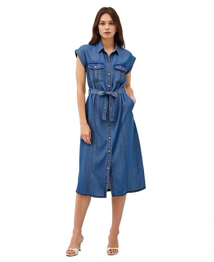 Женское платье-рубашка миди без рукавов с застежкой на пуговицы спереди и завязкой на талии Modenaire, синий
Женское платье-рубашка миди без рукавов с застежкой на пуговицы спереди и завязкой на талии Modenaire, синий