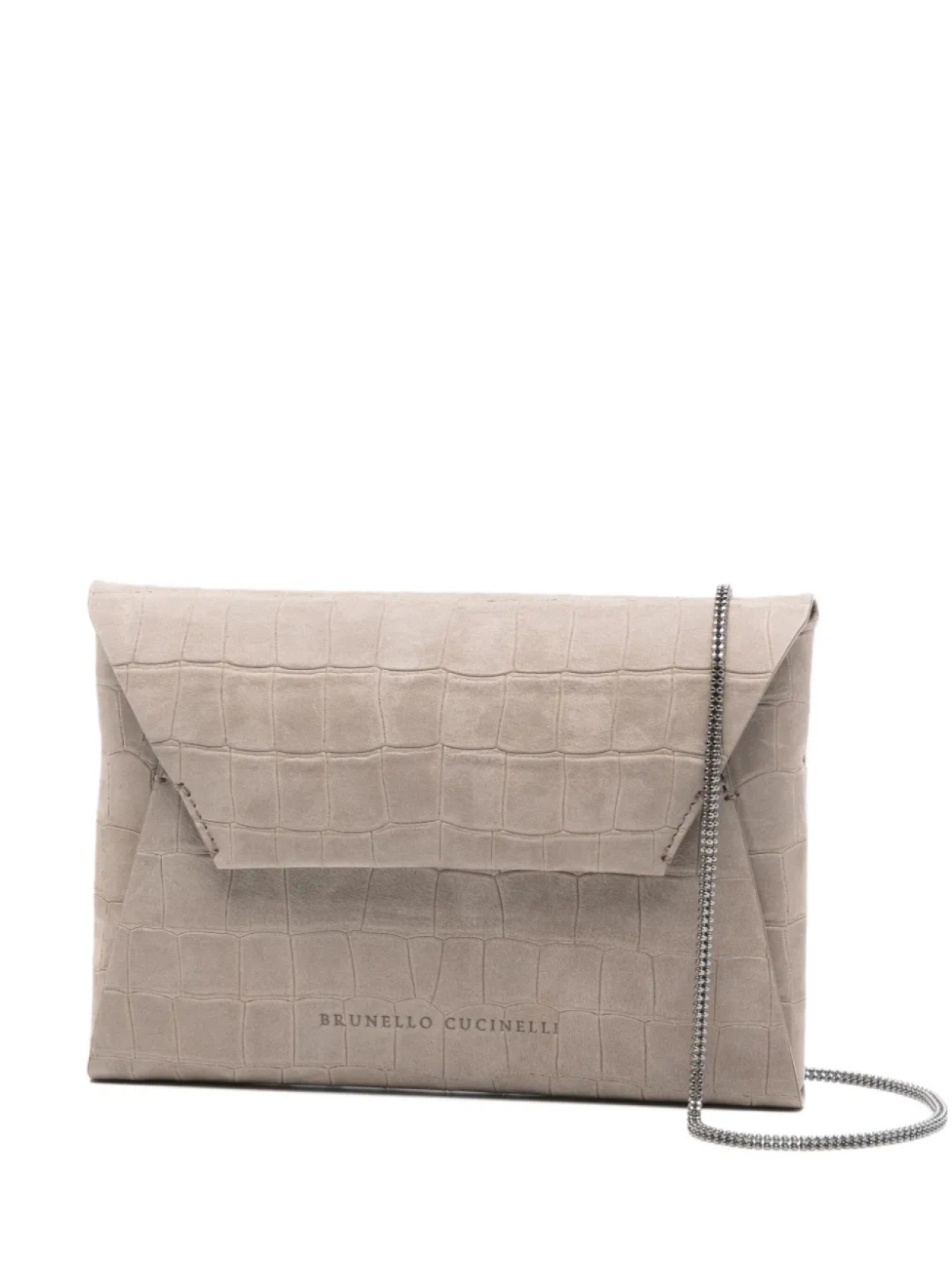 Сумка-клатч Brunello Cucinelli с тиснением под крокодила и цепочкой, серый 
Сумка-клатч Brunello Cucinelli с тиснением под крокодила и цепочкой, серый